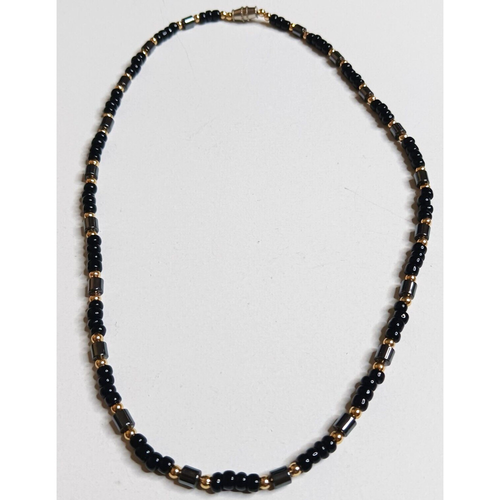 Black Gray Gold Tone Beaded Choker Necklace 17" Womens Fashion Jewelry